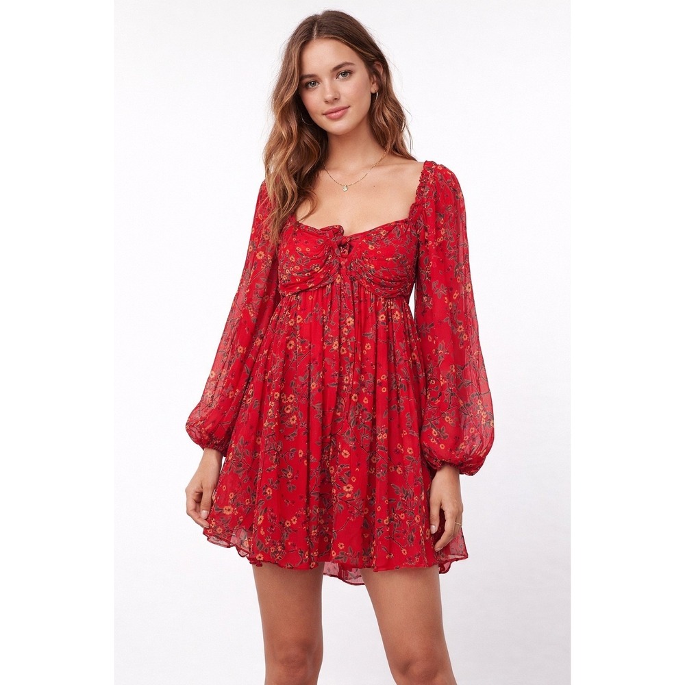 Anthropologie Let me be Mini Dress sz S Red Floral boho babydoll balloon sleeves